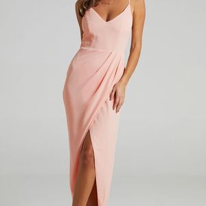 Showpo. Lucky Day Drape Blush Maxi Dress Side Slit Size 6